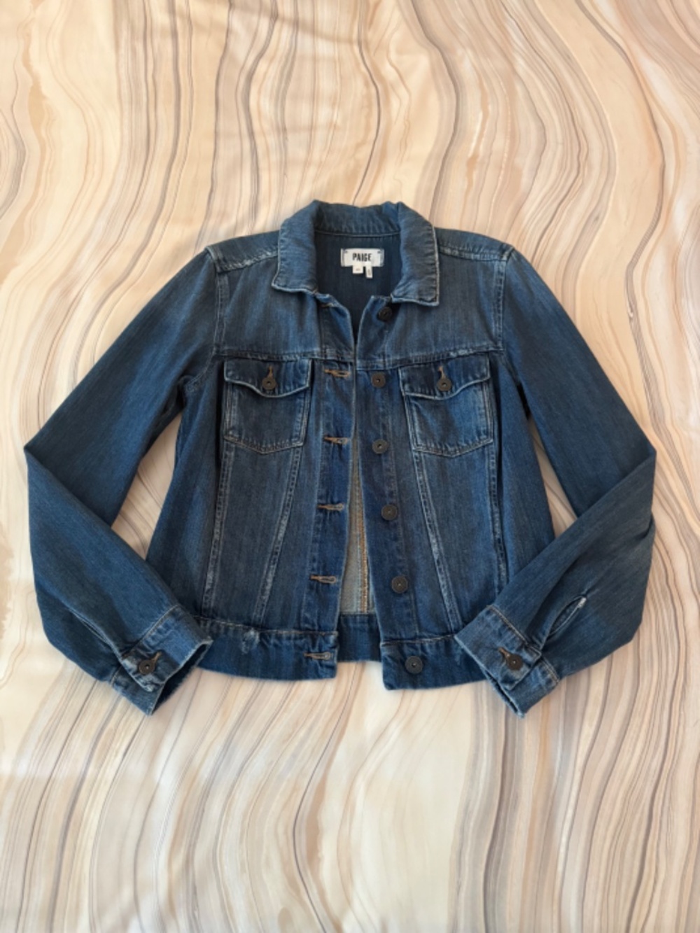 PAIGE Denim Jacket "Junya Destructed" Long Sleeve Pockets Blue Distressed Sz XS - Picture 15 of 15